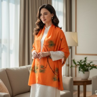 Khăn gai dài màu cam đậm vẽ tay hình tùng hạc 70*190cm